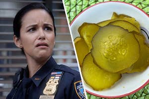 Amy Santiago stands with a disgusted look on her face and a small plate of pickle chips