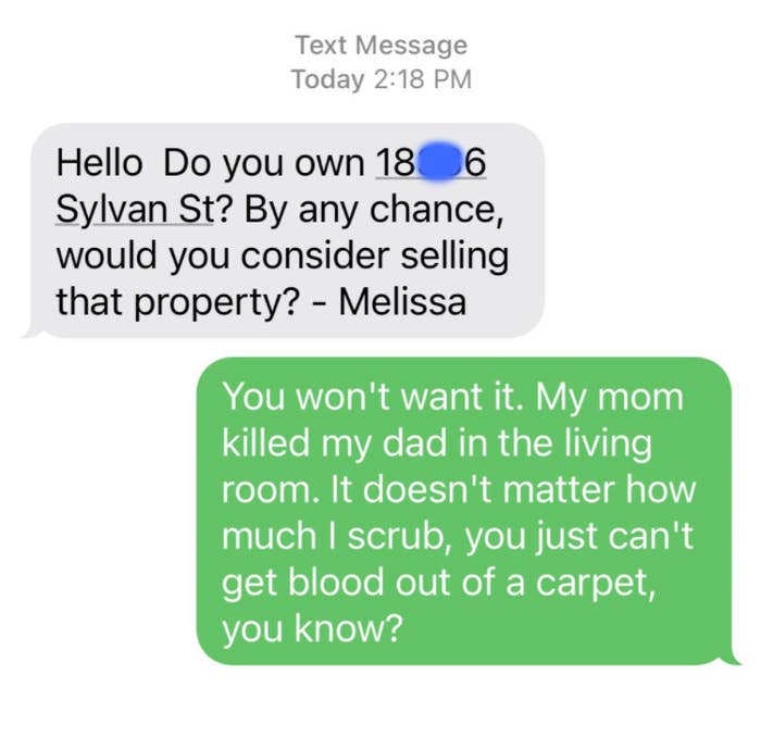 scammer tries to ask if someone owns a property and they respond by saying they murdered someone there