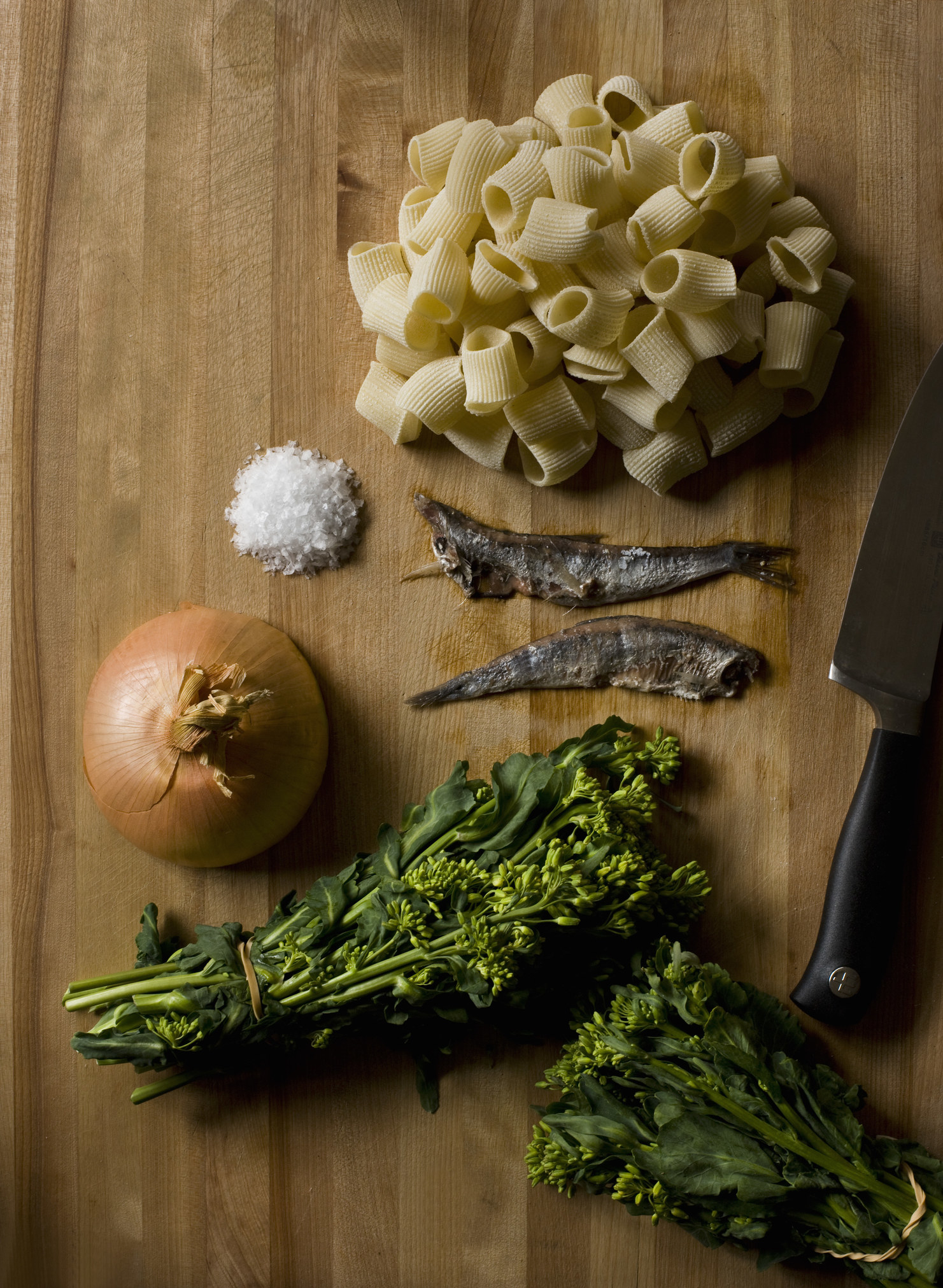 Ingredients for pasta with broccolini and anchovies.
