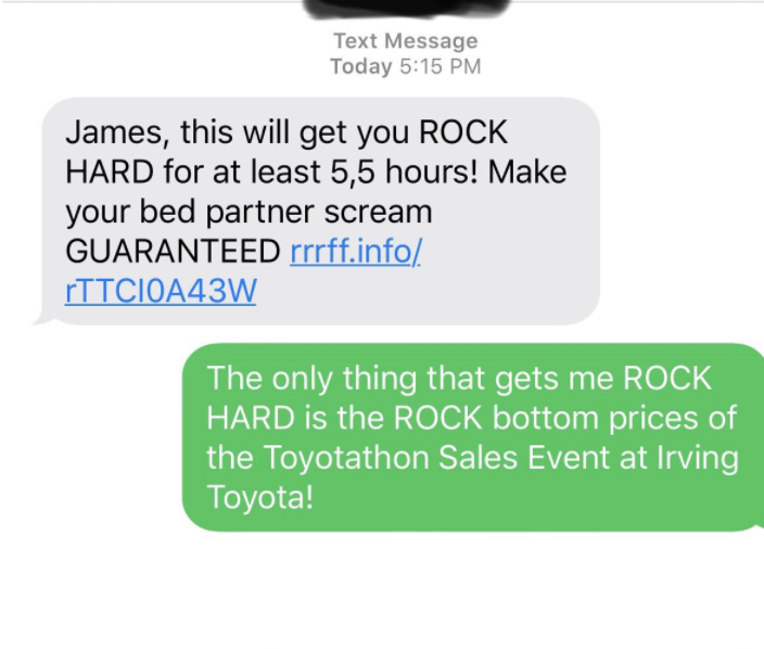 scammer tries to sell erection pills and the other person says they just want to celebrate toyatathon