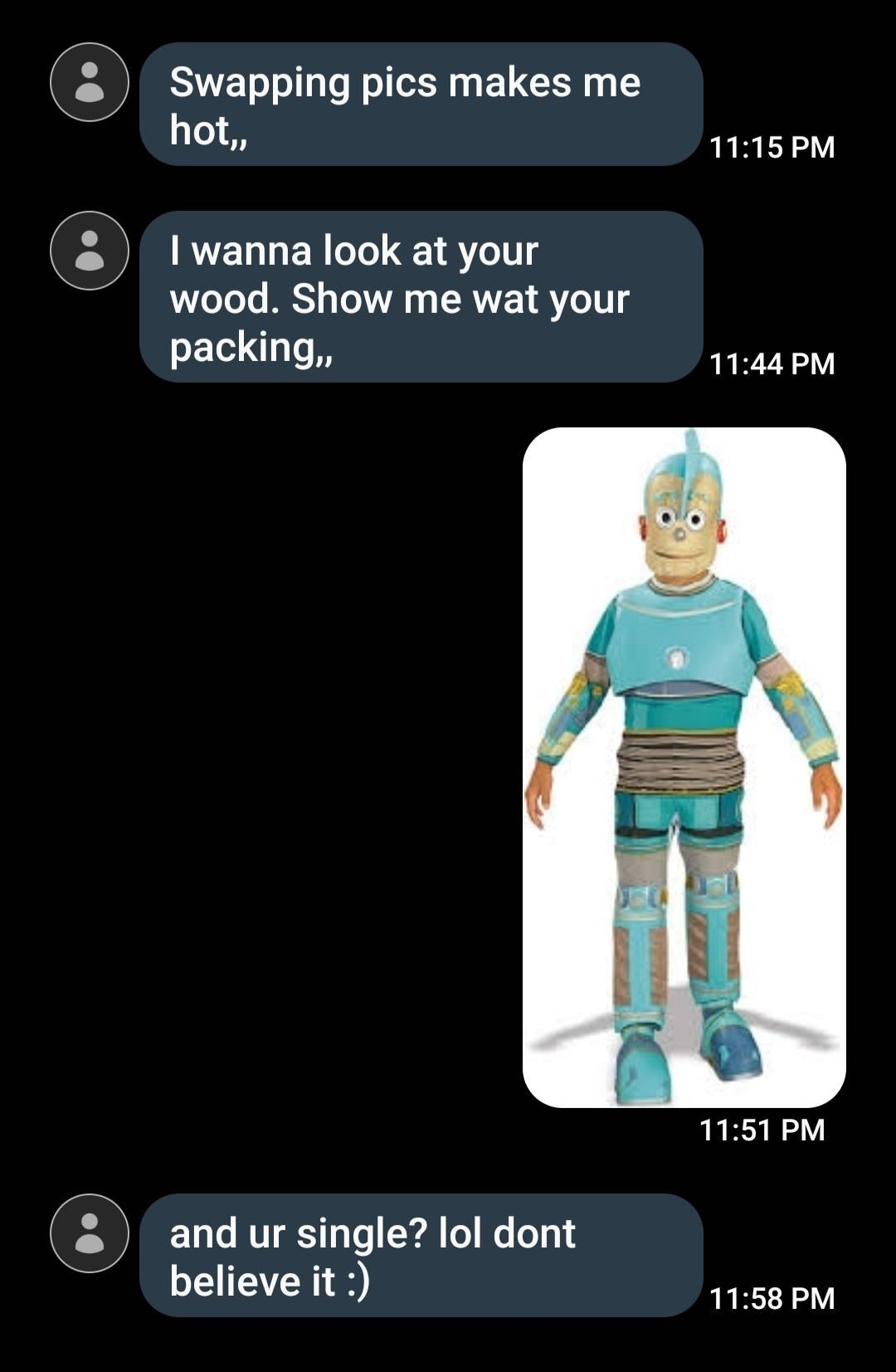 scammer asks for hot pics of wood and the other person sends a wooden puppet