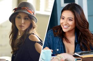 Spencer sits wearing a bowler and scowl. Emily smiles brightly at someone off screen