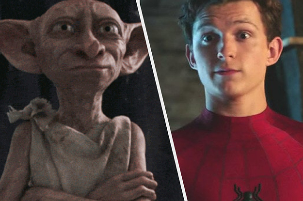 Dobby stands with his arms crossed and smile. Peter Parker stands with his eyes widened while wearing his Spider-Man costume