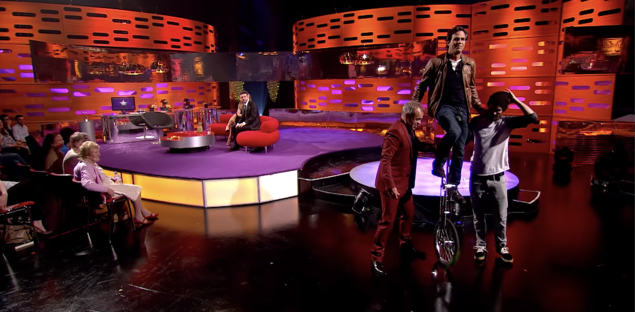 Mark Ruffalo on a tall unicycle on the Graham Norton show