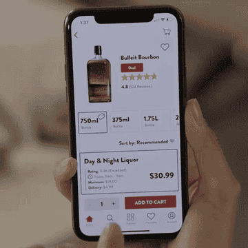 Drizly in-app usage scrolling through liquor stores.