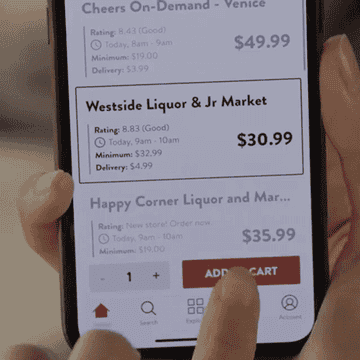 Drizly in-app usage of adding a beverage selection to the cart.
