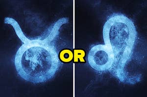 A Leo zodiac sign is on the left with "or" written in the center and Taurus zodiac sign on the right