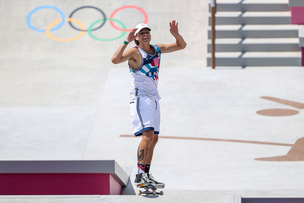 Eaton reacts at the Skateboarding Men&#x27;s Street Finals on day two of the Olympics