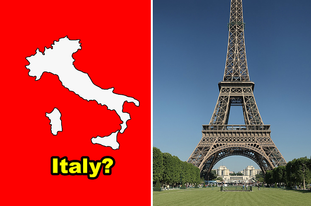 Side-by-side of a map of Italy and the Eiffel Tower