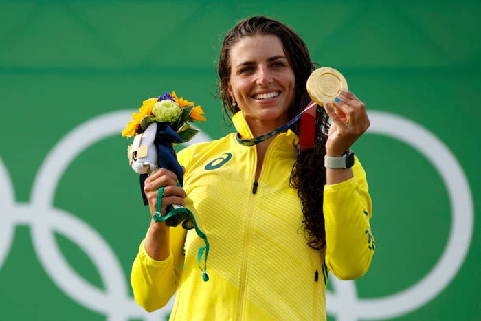 Gold medalist Jessica Fox of Team Australia celebrates during the medal ceremony following the Women&#x27;s Canoe Slalom final