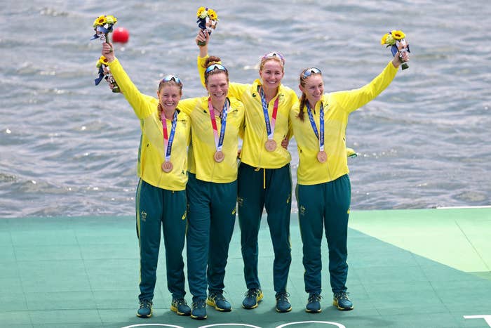 Bronze medalists Ria Thompson, Rowena Meredith, Harriet Hudson and Caitlin Cronin of Team Australia pose with their bronze medals during the medal ceremony for the Women&#x27;s Quadruple Sculls Final
