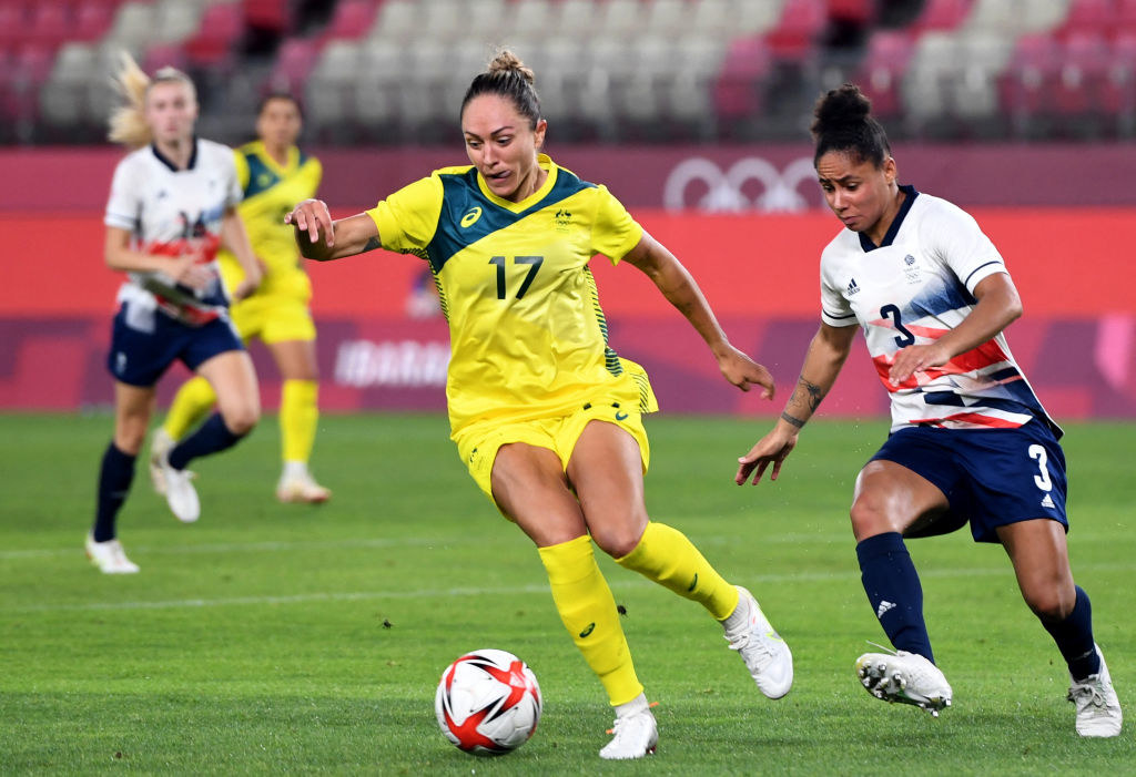 An Australian soccer player controls the ball during the Tokyo 2020 Olympic Games women&#x27;s quarter-final football match between Britain and Australia