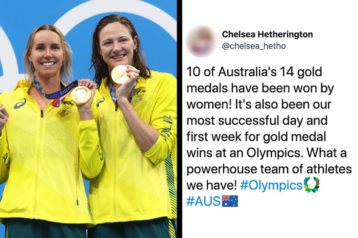 Left: The women of Australia's swim team posing with an Olympic medal; Right: A tweet pointing out that 10 of Australia's 14 gold medals have been won by women