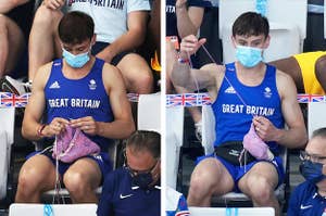 Tom Daley knitting while spectating a diving event at the Tokyo Olympic Games