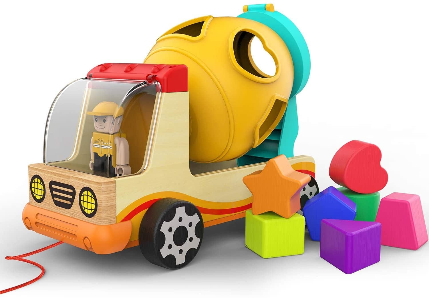 The wooden truck with a toy figure and plastic cement mixture and six colorful wooden shapes