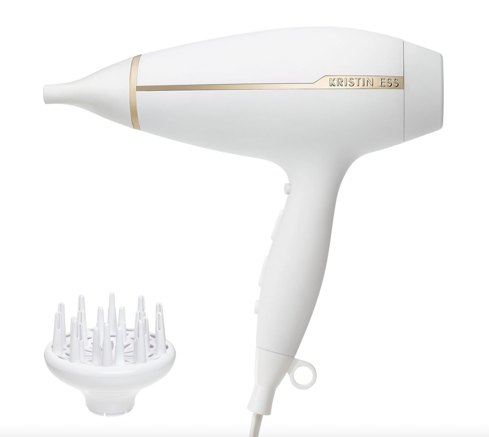 A white blow-dryer with a diffuser attachment