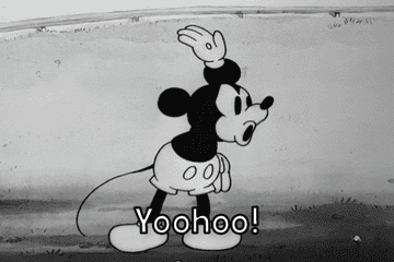 a gif of mickey in black and white waving and saying &quot;yoohoo!&quot;