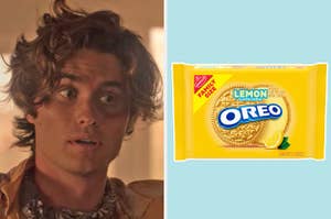 On the left, Chase Stokes as John B in "Outer Banks," and on the right, a package of lemon Oreos