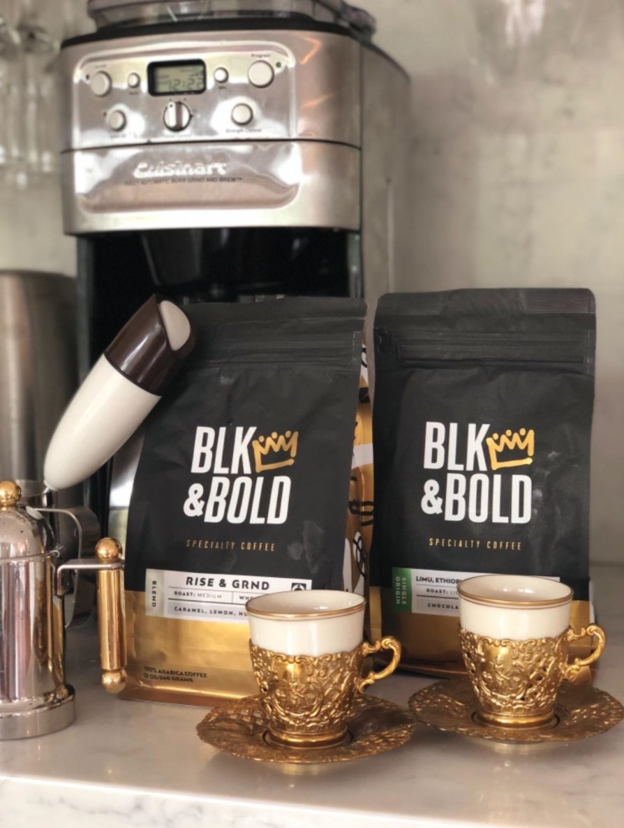 the reviewer&#x27;s photo of the BLK &amp;amp; Bold coffee bags