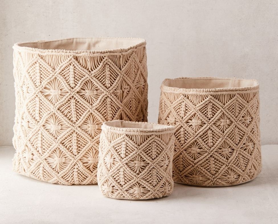 three macrame baskets