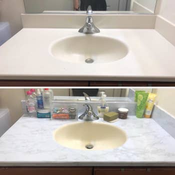 another before and after photo of a reviewer's bathroom counter with the marble surface covering on it