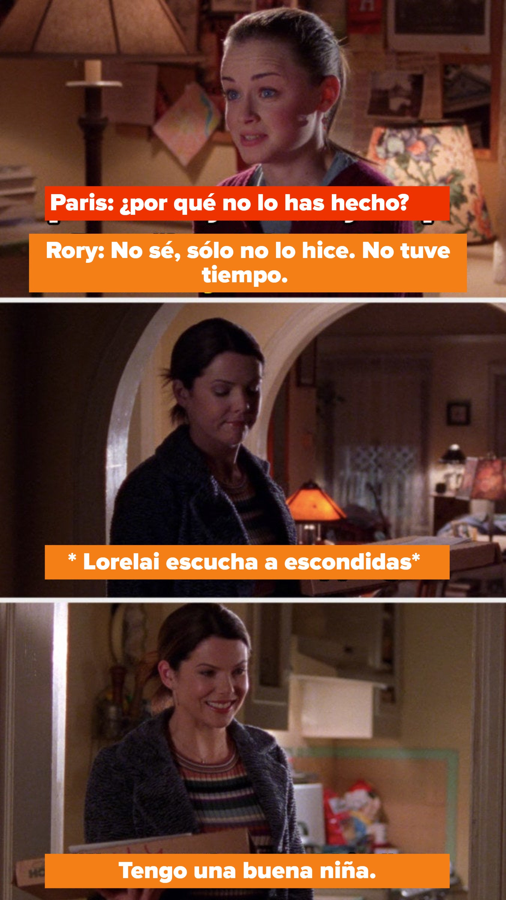 Rory tells Paris she hasn't had sex, Lorelai eavesdrops and mouths to herself "I've got the good kid"