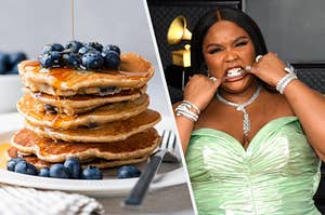 Syrup is being poured on a stack of pancakes covered in blueberries and a close up of Lizzo as she wears a strapless gown and uses a finger from each hand to pull down her bottom lip to show off her teeth