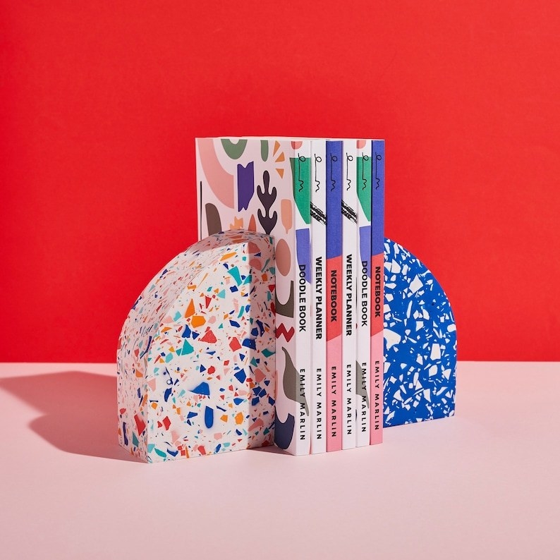 terrazzo bookends in multicolor and blue