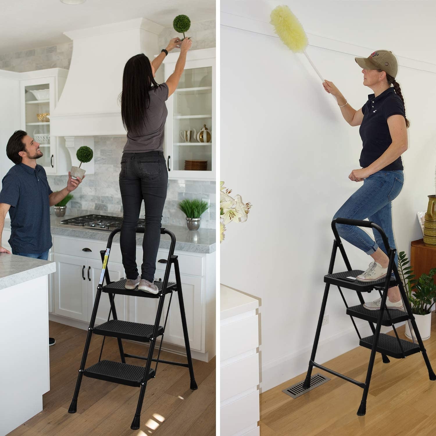 models using the step stool to reach a high shelf and to dust the ceiling