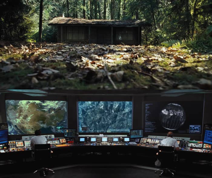A forest cabin in the first and a control room in the second pic