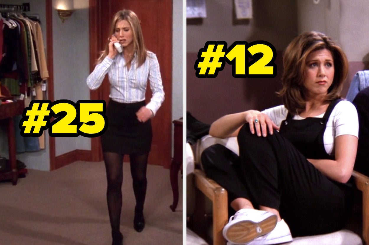 Number 25 written over Rachel from Friends in a professional outfit and Number written over Rachel from Friends in overalls