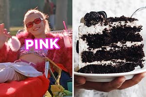On the left, Elle from "Legally Woods" smiling while sitting on a lawn chair with a plastic cup in one hand and a fluffy pen in the other labeled "pink," and on the right, a slice of a cookies and cream layer cake on a plate