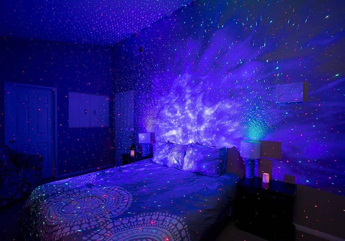 the blue and grey version of the galaxy light over a bed