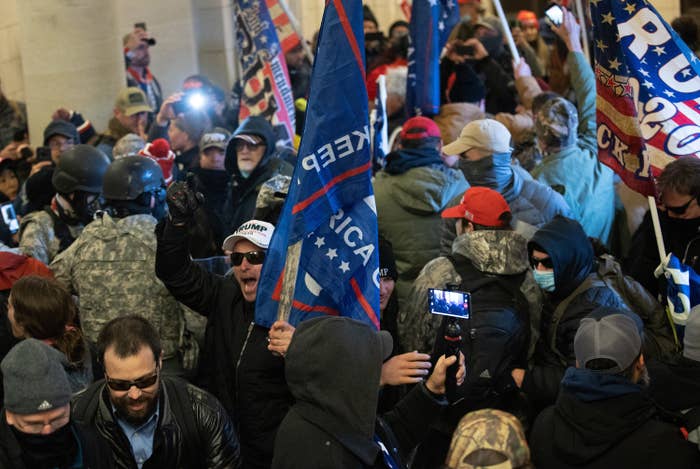 A crowd of people, many of them holding Trump flags