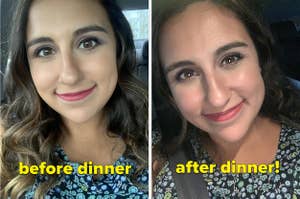 author with lipstick on before and after dinner