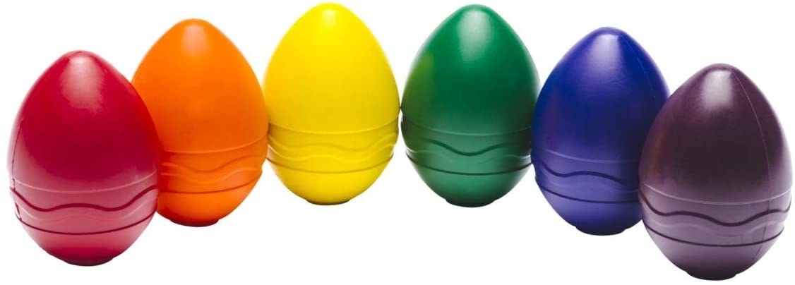 Six egg-shaped crayons in various colors