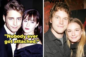 Jason Priestley and Shannen Doherty with caption, "Nobody ever got attached." And a photo of Chris Pratt hugging Emily VanCamp