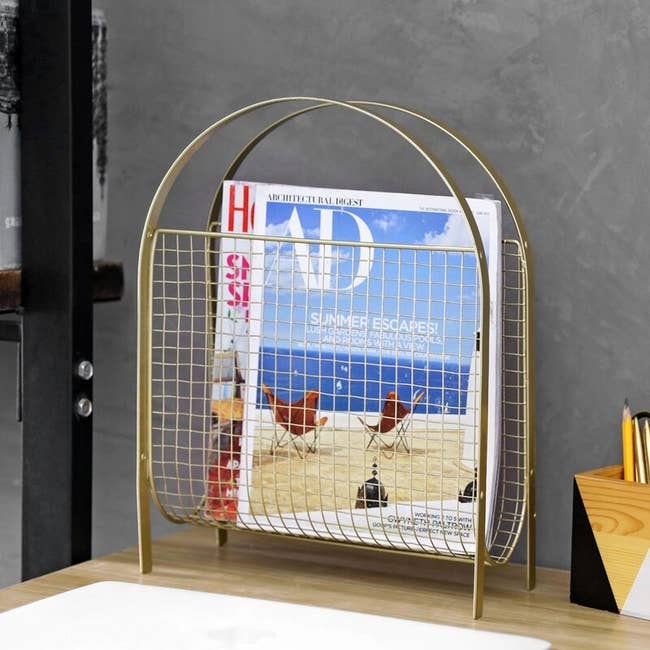 The gold, metal, handbag style rack holding magazines