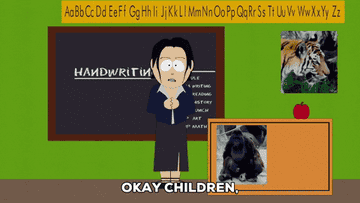 A scene from South Park of a teacher saying &quot;Okay children, let&#x27;s catch up on our cursive handwriting&quot;