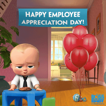 A scene from Boss Baby with the titular character looking bored surrounded by confetti, balloons and a banner that reads &quot;Happy Employee Appreciation Day.&quot;