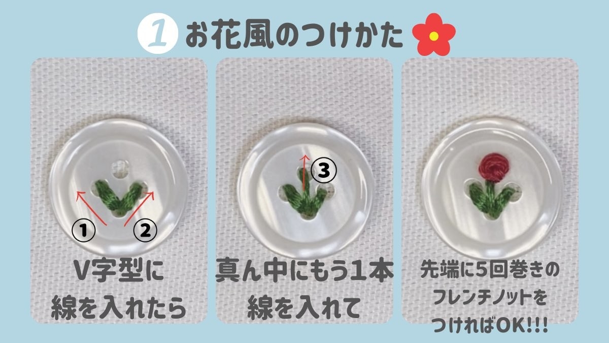 え、こんなボタンの縫い方があったんだ！ お花や果物風のつけ方