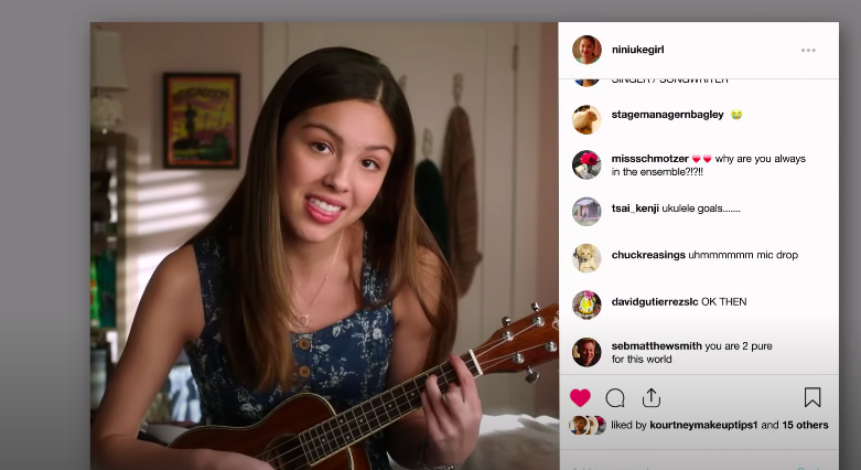 Olivia Rodrigo holding a ukulele and singing a song on Instagram, with Instagram comments to the right.