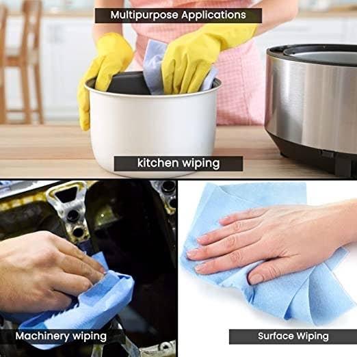 A collage showing the different uses of the wipes - wiping kitchen utensils, machines, and surfaces