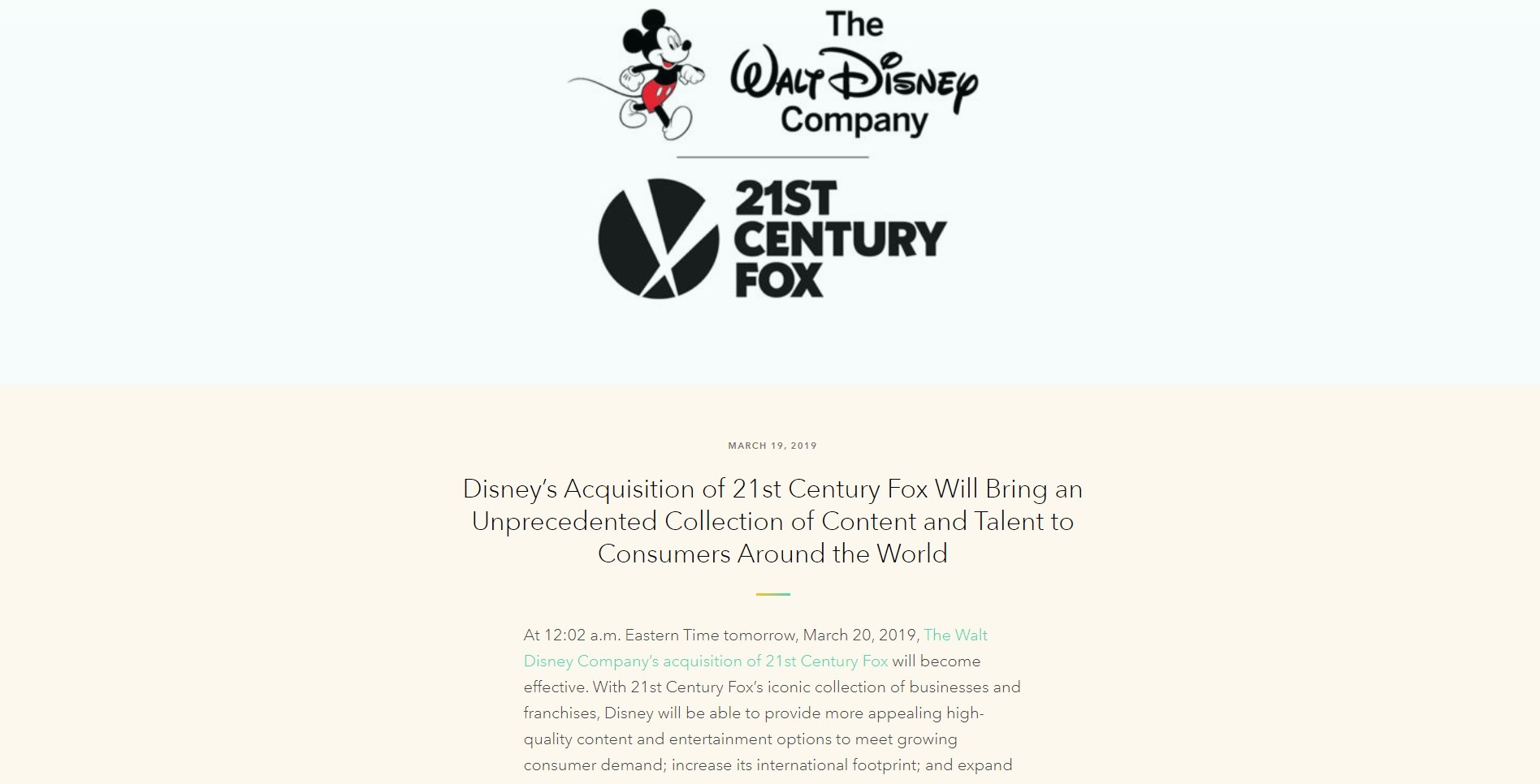 screenshot image of the walt disney logo and a post regarding disneys acquisition