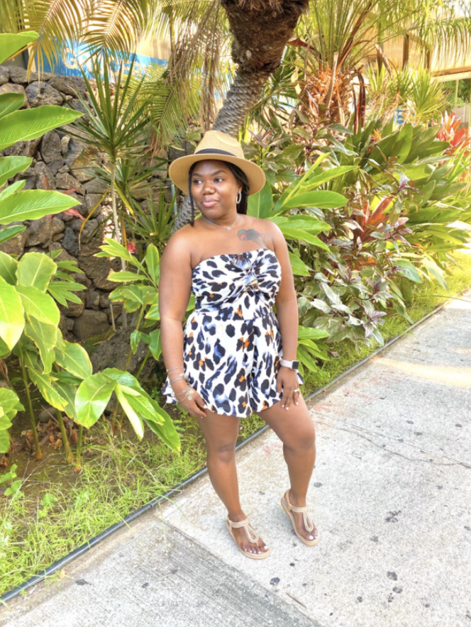 reviewer wearing the leopard romper