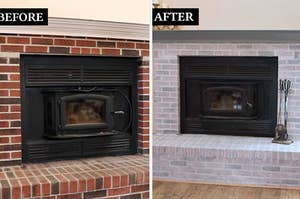 brick fireplace surround, then the fireplace surround with a whitewash treatment