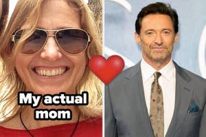 My mom and Hugh Jackman with a heart between them
