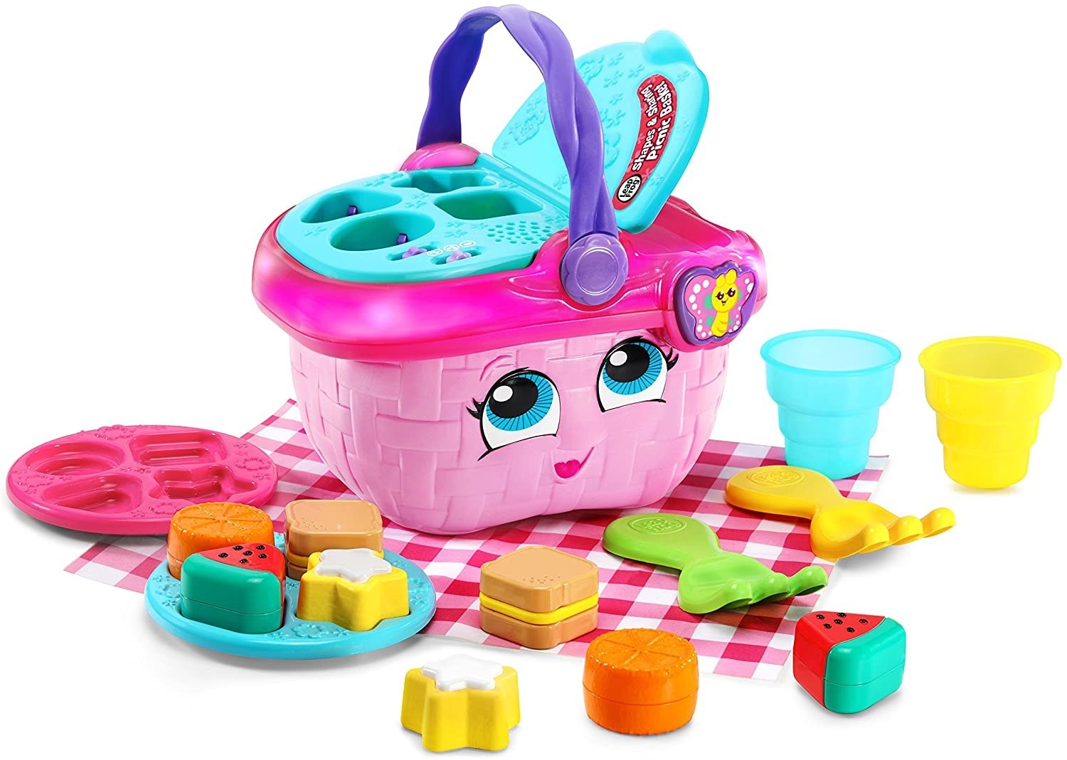 The pink picnic basket with a shape sorter lid and pretend food and utensils