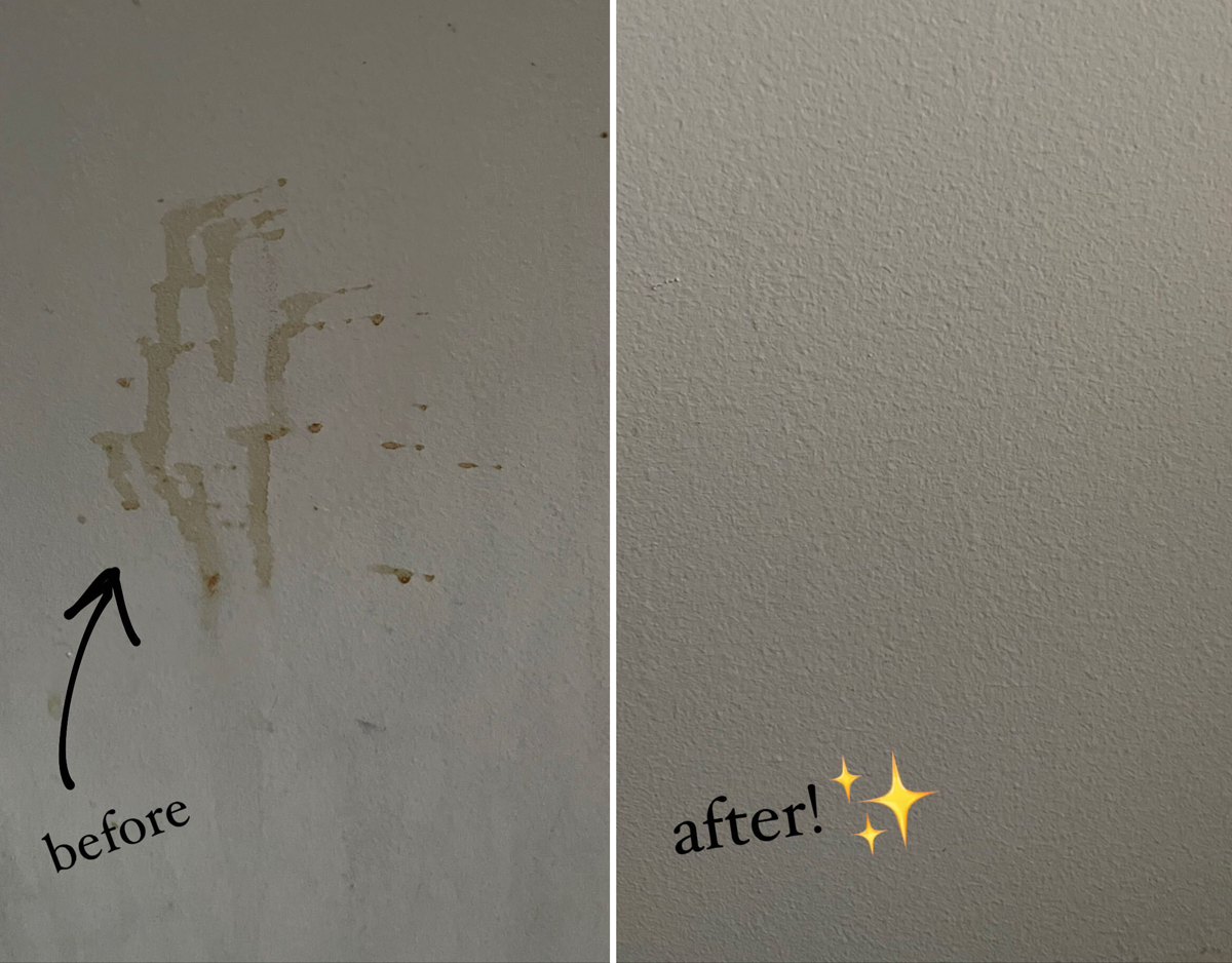 on the left buzzfeed editor&#x27;s wall with brown goo on it captioned &quot;before,&quot; on the right the same wall all clean captioned &quot;after&quot;