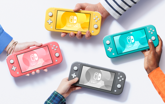 nintendo switch lite in yellow, gray, blue, and pink